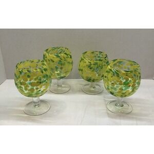 Mexican Blown Glass Yellow Goblets Collectable Glassware 4 Drinking Glasses